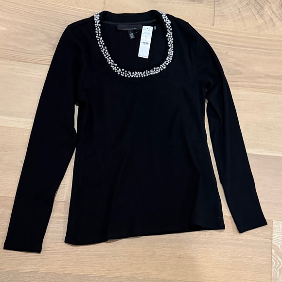NWT White House Black Market Black Women’s Long Sleeve Top with Beaded Neckline - Picture 4 of 5